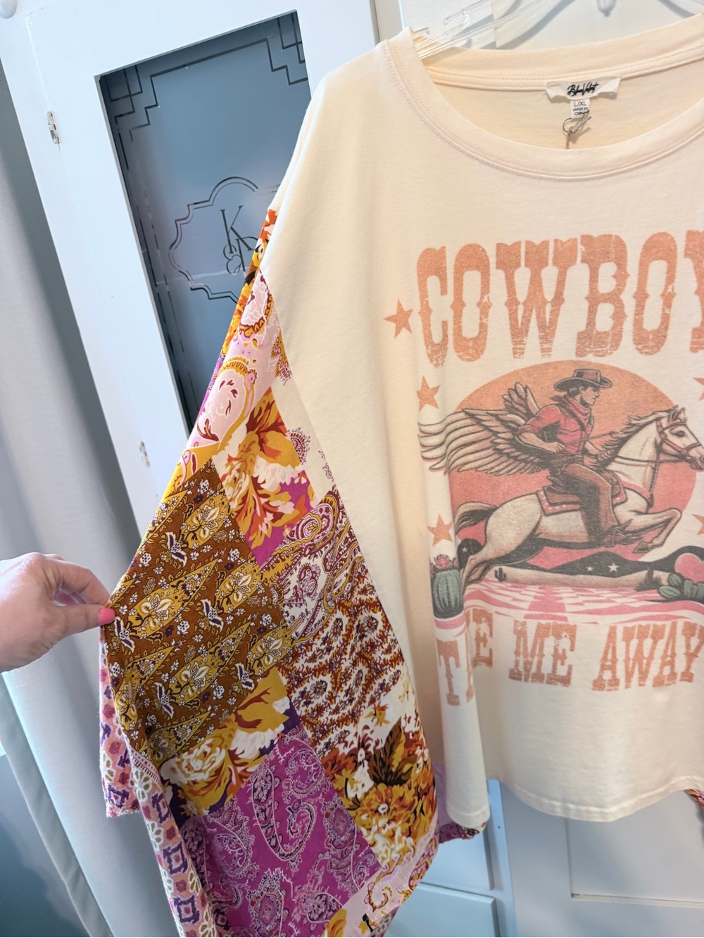 Bohemian Patchwork Cowboy Pullover t-shirt with butterfly wings . Cream & Pink - Picture 3 of 9